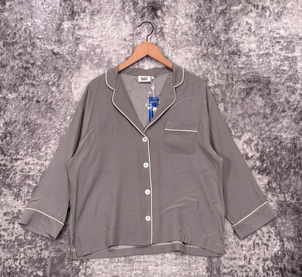New Sleepy Jones Top Medium Womens Marina Pajama Shirt In Gray Silk